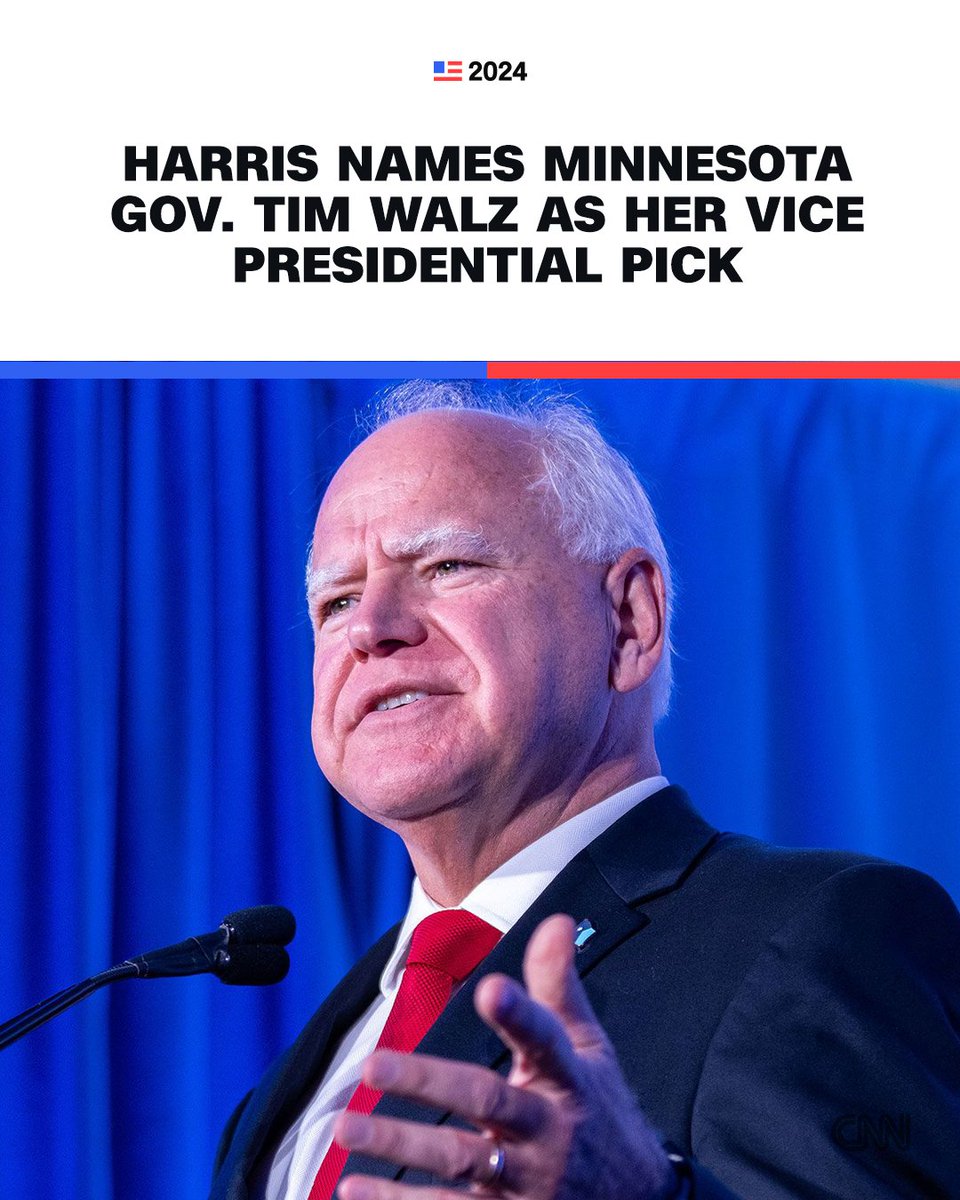 Kamala Harris picks Minnesota Gov. Tim Walz as her running mate, multiple sources say. He has been a leading driver of Democrats' attacks on Trump cnn.it/3YFCZqW