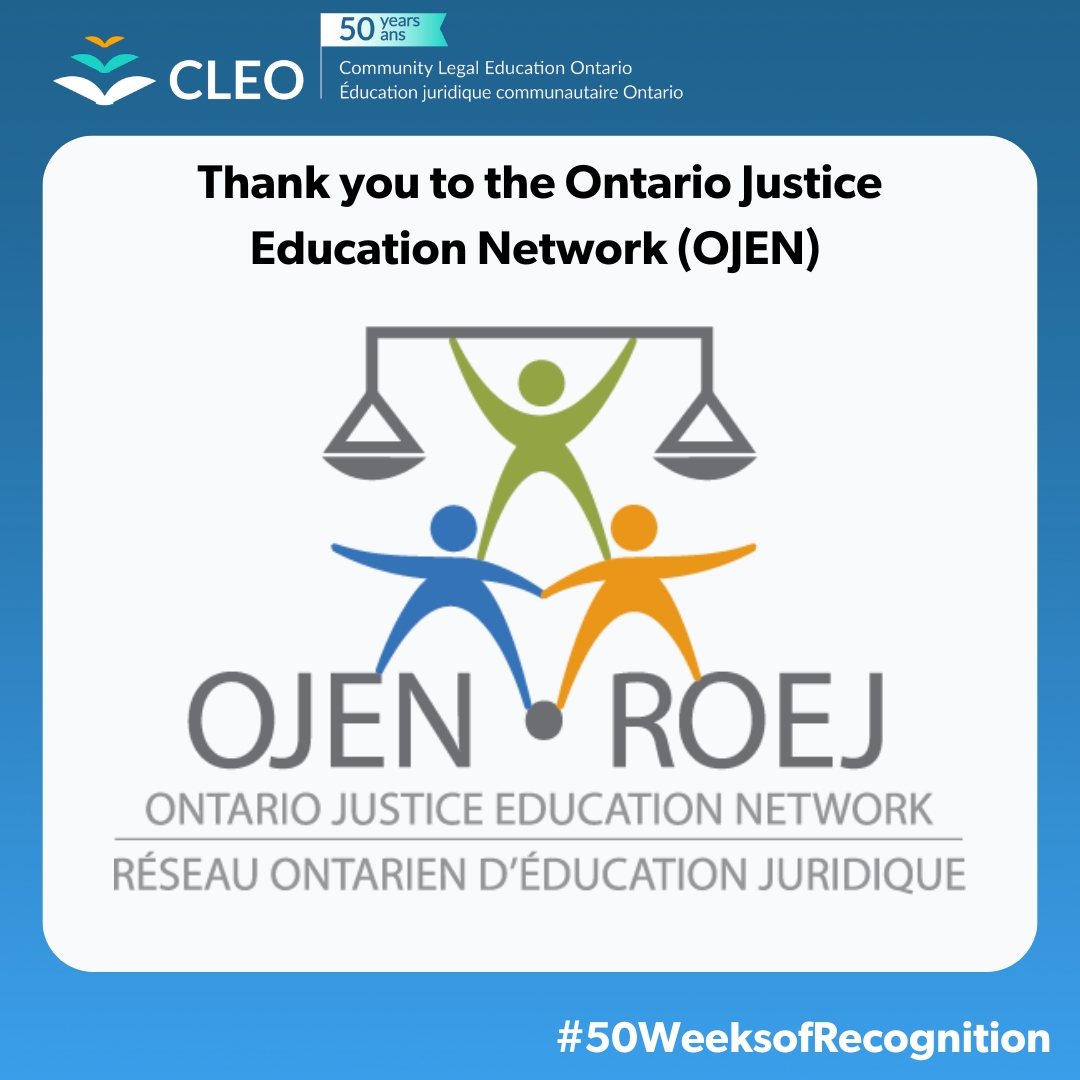 CLEOLegalRights's tweet photo. This week for our #50WeeksofRecognition campaign, we recognize our sister public legal education organization, the Ontario Justice Education Network (OJEN). We’ve worked together since OJEN’s founding days and have shared office space for the past 10 years! OJEN develops innovative educational tools that introduce young people to the law. And they amplify CLEO’s work in so much that they do – from workshops on using Steps to Justice to guidelines on developing plain language workshops. Thank you @OJEN_ROEJ for being one of our biggest champions!

Visit OJEN at https://t.co/8KO7KryBMi

#50yearsofCLEO
