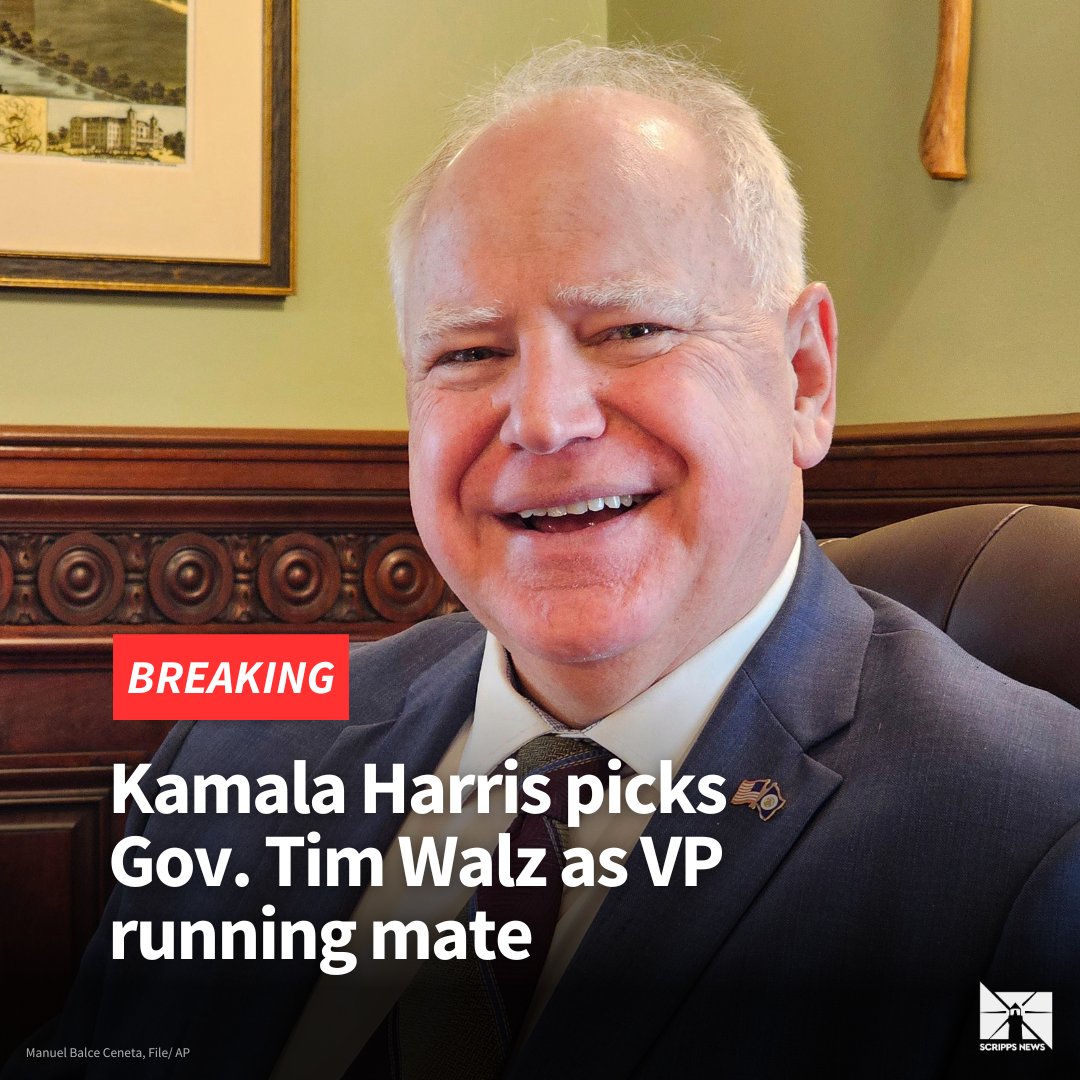 #BREAKING: Kamala Harris picks Gov. Tim Walz as vice presidential running mate. 

More Here: scrippsnews.com/politics/kamal…