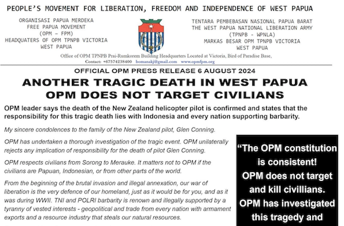 David Robie (@davidrobie) on Twitter photo OPM blames #Indonesia over tragic death of #NZ helicopter pilot #AsiaPacificReport #westpapua #killingofpilot #tragedy #decolonisation <a href="/westpapuamedia/">West Papua Media</a> <a href="/westpapuanews/">westpapuanews</a>
asiapacificreport.nz/2024/08/06/opm… OPM blames #Indonesia over tragic death of #NZ helicopter pilot #AsiaPacificReport #westpapua #killingofpilot #tragedy #decolonisation <a href="/westpapuamedia/">West Papua Media</a> <a href="/westpapuanews/">westpapuanews</a>
asiapacificreport.nz/2024/08/06/opm…