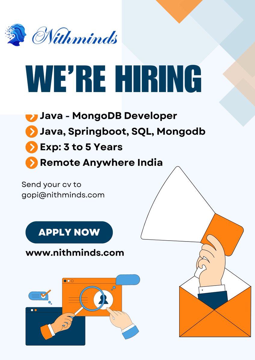 nithminds's tweet photo. NITHMINDS PRIVATE LIMITED Hiring
Java-MongoDB Developer
Skills: Java, Spring boot, SQL, MongoDB
Exp: 3 to 5 years
Remote anywhere India
Send CV to gopi@nithminds.com

#nithminds #jobs #remotework #remote #remotejobs #springbootjobs #springboot #java #javajobs #mongodbjobs https://t.co/jISwR57aJ0