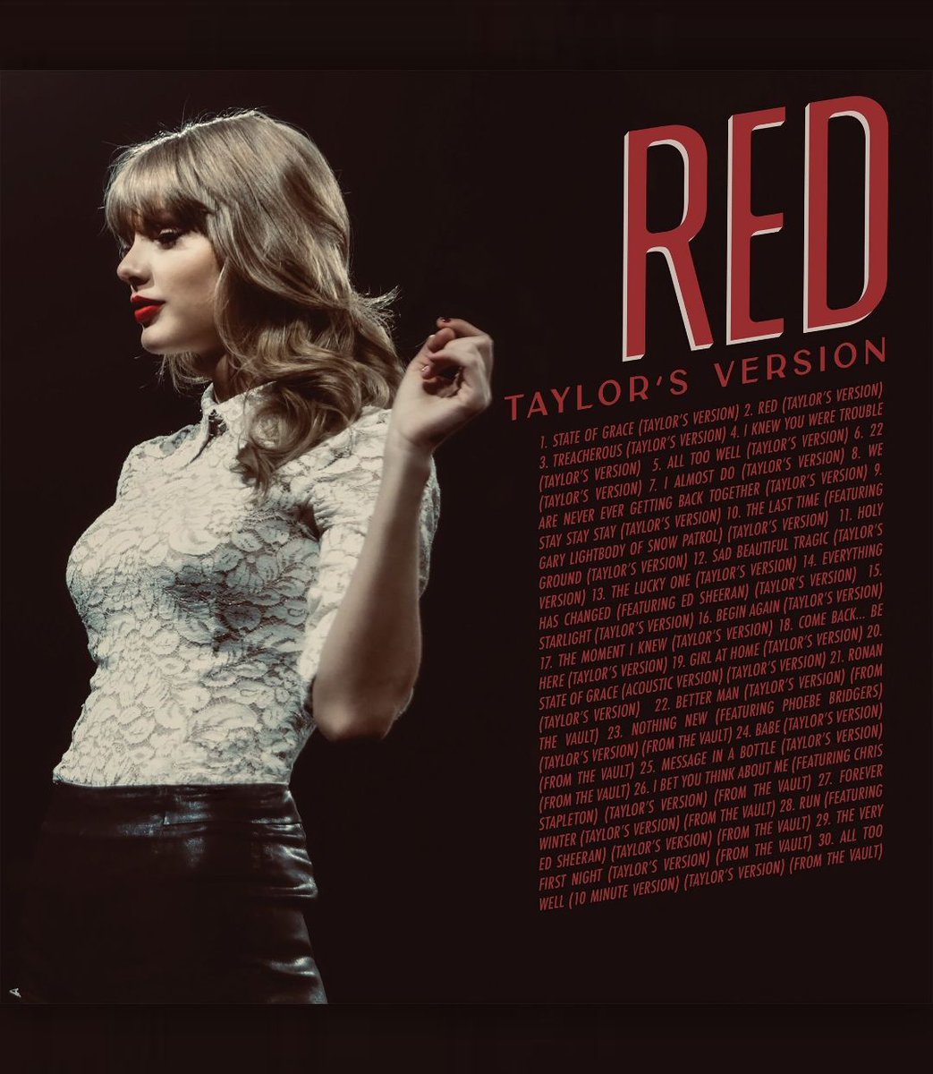 TheSwiftSociety's tweet photo. Throw🔙| 3 years ago today, Taylor Swift revealed the Red TV vault tracklist. https://t.co/0XhZxoAP9r