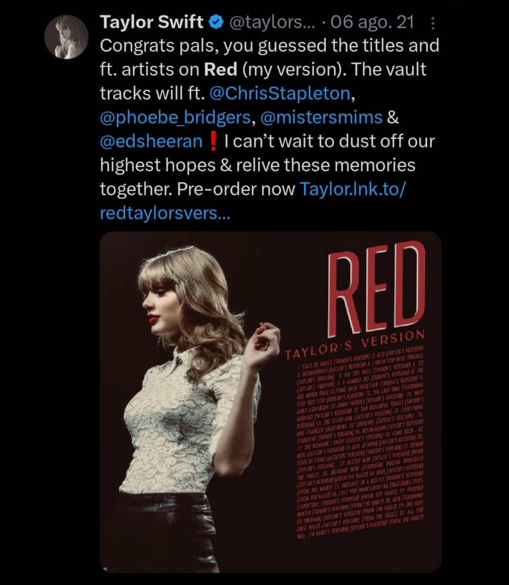 TheSwiftSociety's tweet photo. Throw🔙| 3 years ago today, Taylor Swift revealed the Red TV vault tracklist. https://t.co/0XhZxoAP9r
