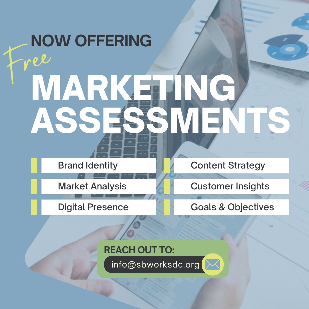📈 Free Marketing Assessment for Small Businesses! ✨

We offer a FREE marketing assessment to identify your unique goals and tailor strategies to meet your current and future needs. 🌟

Email info@sbworksdc.org to get started.

#SmallBusiness #SBWorks #DC