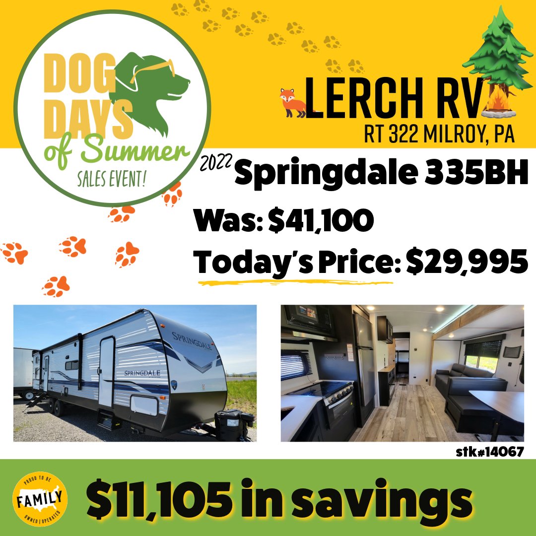LerchRV's tweet image. Discover the 2022 Keystone Springdale 335BH, a remarkable towable bunk model that can sleep up to 10 people! Follow the Fox to better RV savings today and save over $11,100 of your hard-earned money! lerchrv.com/inventory/new-… #springdalerv #rvsales #followthefox #lerchrv #rvdeals
