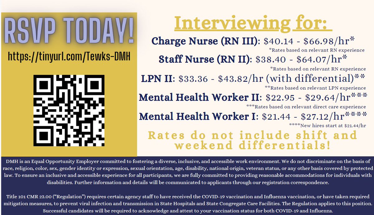We're hiring! RSVP to our Nursing and Direct Care at Tewksbury Hospital on 8/20 from 11-3pm. We're interviewing for: Charge Nurse (RN III), Staff Nurse (RN II), LPN II, Mental Health Worker II, and Mental Health Worker II. RSVP today: tinyurl.com/Tewks-DMH