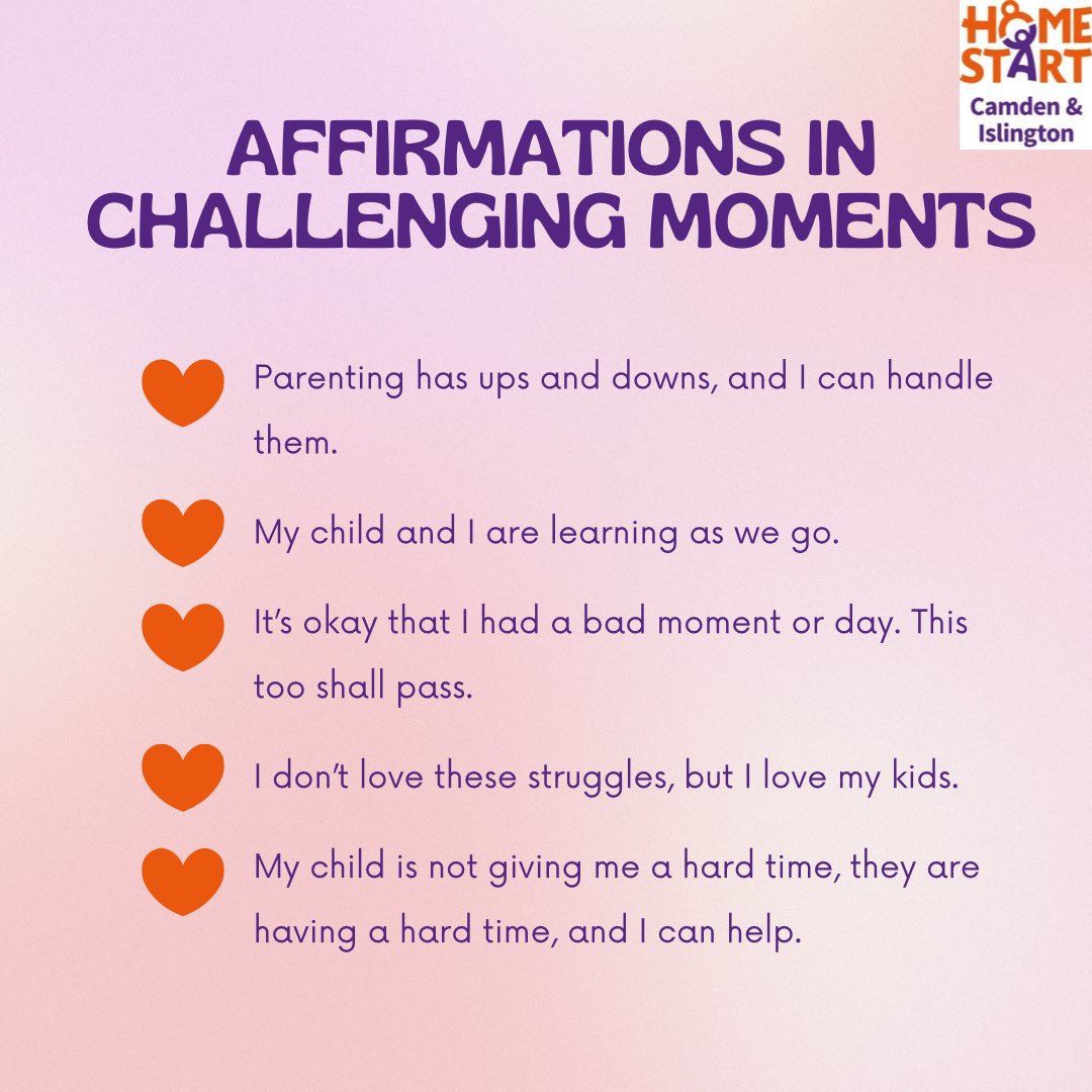 Parenting can be difficult and overwhelming at times, and sometimes you just need to take a deep breath and remind yourself that you can do it! 

Here are some positive affirmations to tell yourself everyday. You’ve got this! 💜

#HomeStart #DailyAffirmations #ParentingTips