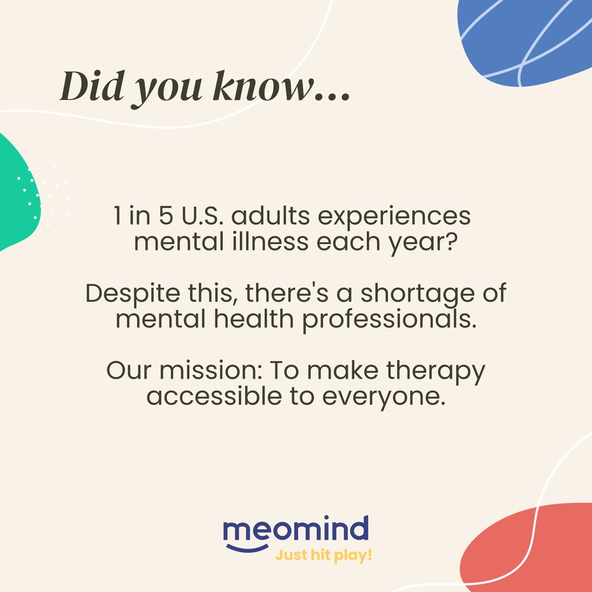 meomind's tweet photo. Having trouble finding a therapist? Meomind to the rescue! 🦸  #findatherapist #health #therapy #mentalhealth https://t.co/pPTuYPymP1