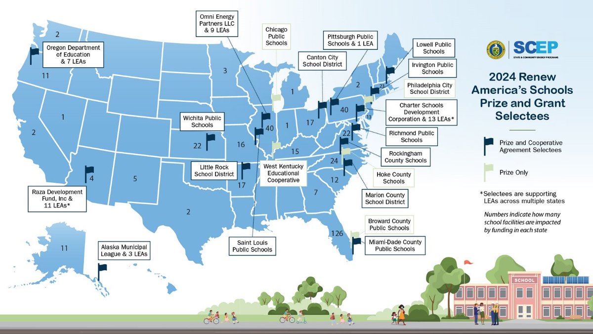 We are thrilled to announce a $190M investment in energy infrastructure for K-12 schools around the country to create healthier learning environments for children.

Join us in congratulating the selectees of the 2024 #RenewAmericasSchools Prize &amp; Grant.
➡️ energy.gov/articles/biden…
