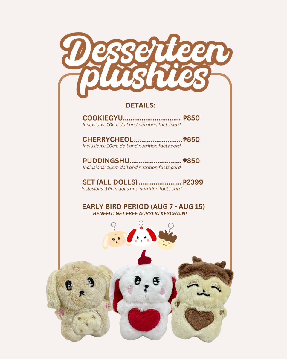 cosmic_clubph's tweet photo. 🍭 svt plushies collection: 𝐃𝐄𝐒𝐒𝐄𝐑𝐓𝐄𝐄𝐍

╰› cherrycheol 🍒 
╰› puddingshu 🍮
╰› cookiegyu 🍪

💌 early bird benefit: free acrylic keychain 
🛒 pre-order here: https://t.co/YgOilE7QvB

🏷️ svt 10cm doll ph https://t.co/CbTW1BfQZM