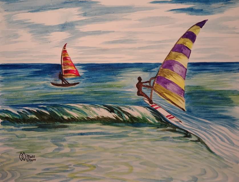 MattStarrFineA1's tweet photo. This is a watercolor of a couple of persons in sailboarding adventures along the coast. https://t.co/YG5zIQ80q8
#mattstarrfineart #gift #giftideas #tshirts #homedecor #sailboard #sailboarding #sailboader #sailing #surf #surfing #ocean #sea #florida #beach #waves https://t.co/JtMF4RY2kd