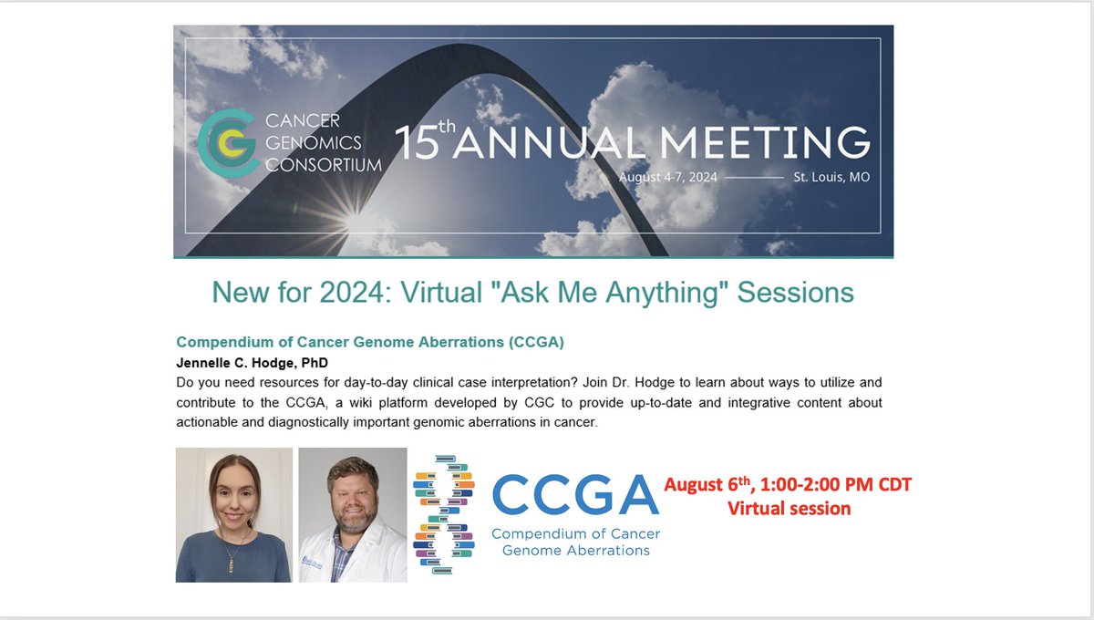 Exciting opportunity! Join Drs. Jennelle Hodge and Bailey Glen for virtual "Ask Me Anything" session on utilizing and contributing to CCGA, a wiki platform by CGC. Don’t miss out—enhance your knowledge and contribute to the cancer genomics community! <a href="/ccgawiki/">Compendium of Cancer Genome Aberrations (CCGA) 🧬</a> #CGCAnnual2024
