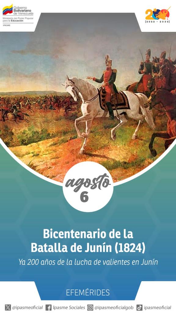 #06Ago <a href="/IpasmeOficial/">Ipasme Oficial</a> Celebramos el #Bicentenario de la Batalla de Junín donde se consolidó la independencia del Perú y la unión de la #GranColombia como proyecto bolivariano.
#ElIpasmeEstáContigo
#LoQueDigaNicolás
<a href="/NicolasMaduro/">Nicolás Maduro</a> 
<a href="/_LaAvanzadora/">Yelitze Santaella</a> 
<a href="/laraydv/">Yessenia Lara</a>
<a href="/vladimirpadrino/">Vladimir Padrino L.</a>