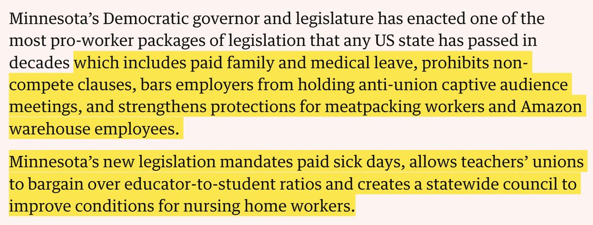 Last year, I wrote a big story about how Minnesota's pro-worker Governor Tim Walz and Minnesota's Democratic legislature enacted arguably the most pro-worker package of legislation that any American state had enacted in decades.
theguardian.com/us-news/2023/j…