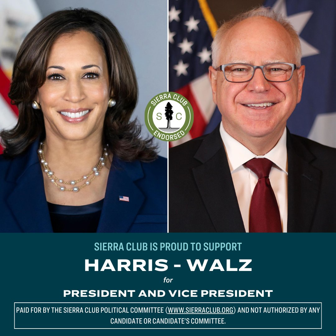 SierraClub's tweet photo. BREAKING: VP @KamalaHarris selects MN Gov. @Tim_Walz as her running mate. He has worked to protect clean air & water and grow our clean energy economy. The Harris-Walz ticket understands the fight before us and isn’t afraid to tackle the climate crisis head-on. 🔗 https://t.co/sykPzV87wC