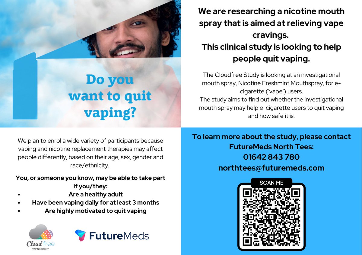 Tees Valley Research Alliance (@tvraresearch) on Twitter photo Do you know someone who wants to quit vaping ? If so our partners at <a href="/FutureMeds_SMO/">FutureMeds - 1st European DCT Site Network</a> have a research study that might be of interest. Please share <a href="/NTeesHpoolNHSFT/">North Tees and Hartlepool NHS Foundation Trust</a> <a href="/SouthTees/">South Tees Hospitals</a> @NIHRCRN_NENCumb <a href="/HDRCSouthTees/">HDRCSouthTees</a> <a href="/TeesStudentLife/">Teesside University Student Life</a> <a href="/TeesUniSHLS/">@TeesUniSHLS</a> <a href="/TU_NHC/">National Horizons Centre</a> <a href="/HwStockton/">Healthwatch Stockton-on-Tees</a> Do you know someone who wants to quit vaping ? If so our partners at <a href="/FutureMeds_SMO/">FutureMeds - 1st European DCT Site Network</a> have a research study that might be of interest. Please share <a href="/NTeesHpoolNHSFT/">North Tees and Hartlepool NHS Foundation Trust</a> <a href="/SouthTees/">South Tees Hospitals</a> @NIHRCRN_NENCumb <a href="/HDRCSouthTees/">HDRCSouthTees</a> <a href="/TeesStudentLife/">Teesside University Student Life</a> <a href="/TeesUniSHLS/">@TeesUniSHLS</a> <a href="/TU_NHC/">National Horizons Centre</a> <a href="/HwStockton/">Healthwatch Stockton-on-Tees</a>
