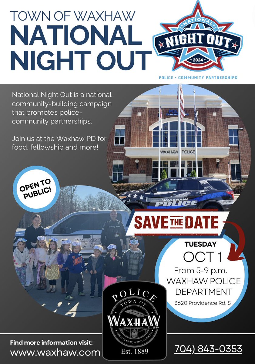 ⚠️REMINDER: the Town of Waxhaw National Night Out Event has been rescheduled due to the impending inclement weather. The event will now be held on Oct. 1, 2024.