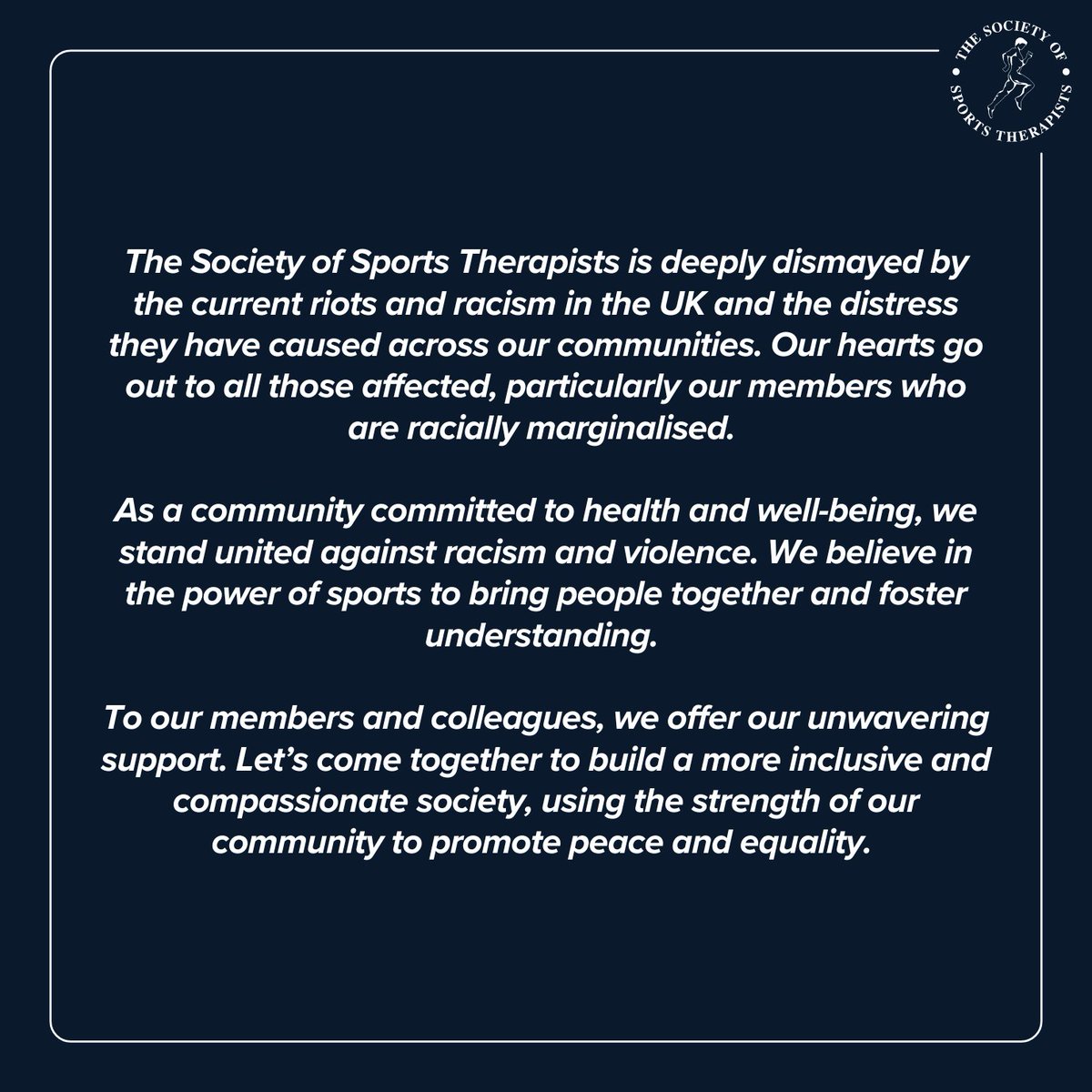 TheSSTofficial's tweet image. The Society of Sports Therapists is deeply dismayed by the current riots and racism in the UK and the distress they have caused across our communities. Our hearts go out to all those affected, particularly our members who are racially marginalised.

#SportsForUnity
