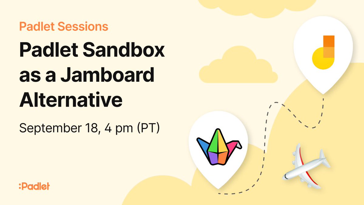 padlet's tweet image. Google Jamboard will be discontinued on October 1. Join us for a 30-minute session to learn about Padlet Sandbox as an alternative to Jamboard!