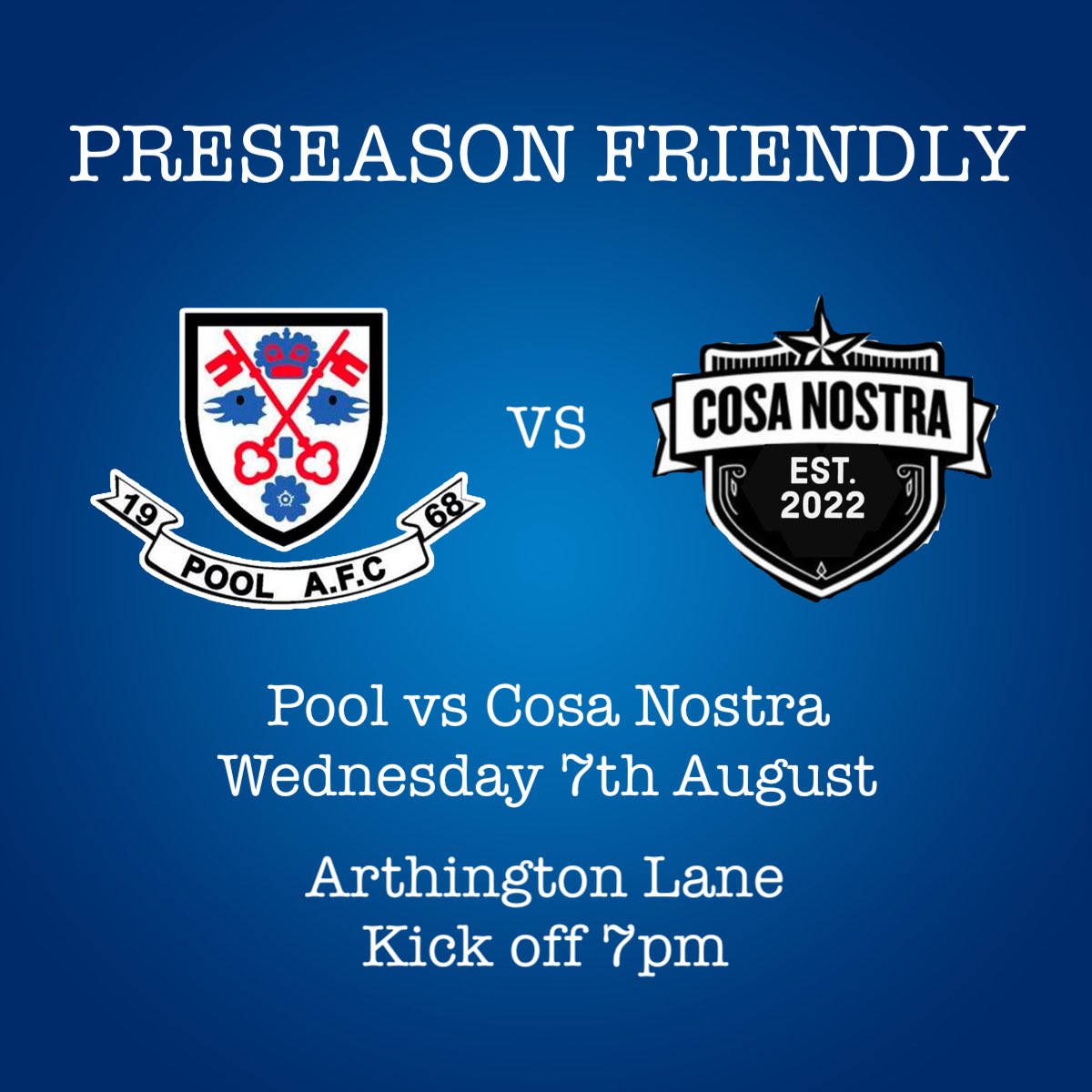 NEW KICK OFF TIME!

Our final preseason friendly will now kick off tomorrow night at 7pm down at Arthington Lane.

#APAW #PoolAFC #preseasonfootball