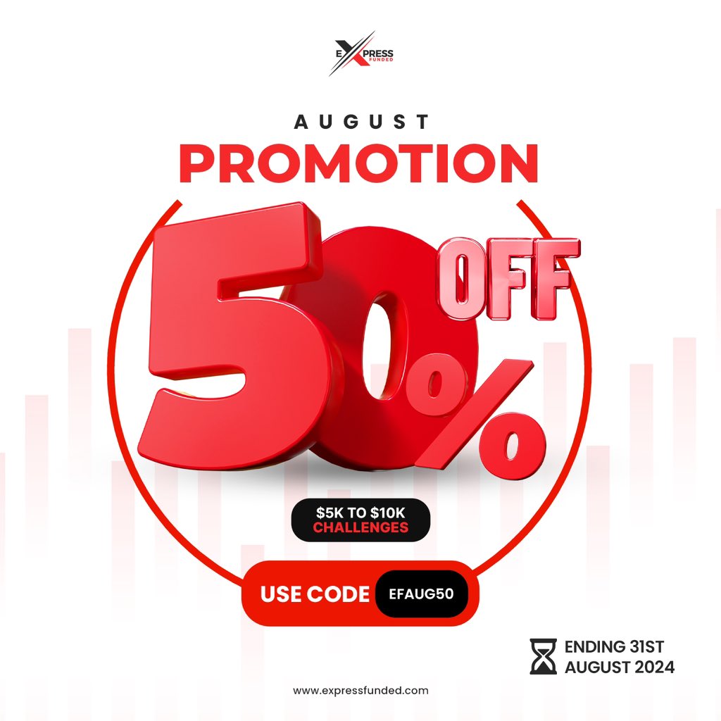 Expressfunded's tweet photo. Express Funded Presents: August Discount Coupon!
Enhance Your Trading Journey with Our Exclusive Offer π₯
Visit https://t.co/EyR8Rhxk3R now and take advantage of our August promotion
50%-Off on $5k to $10k Accounts
Upgrade your trading account today and save big!
Offer Details:
β’ Discount: 50%-off
β’ Account Sizes: $5k to $10k account sizes
β’ Validity: Until the end of the month
Use Code: EFAUG50
Donβt Miss OutβΌοΈ
Seize this opportunity to enhance your trading experience at a reduced cost.
