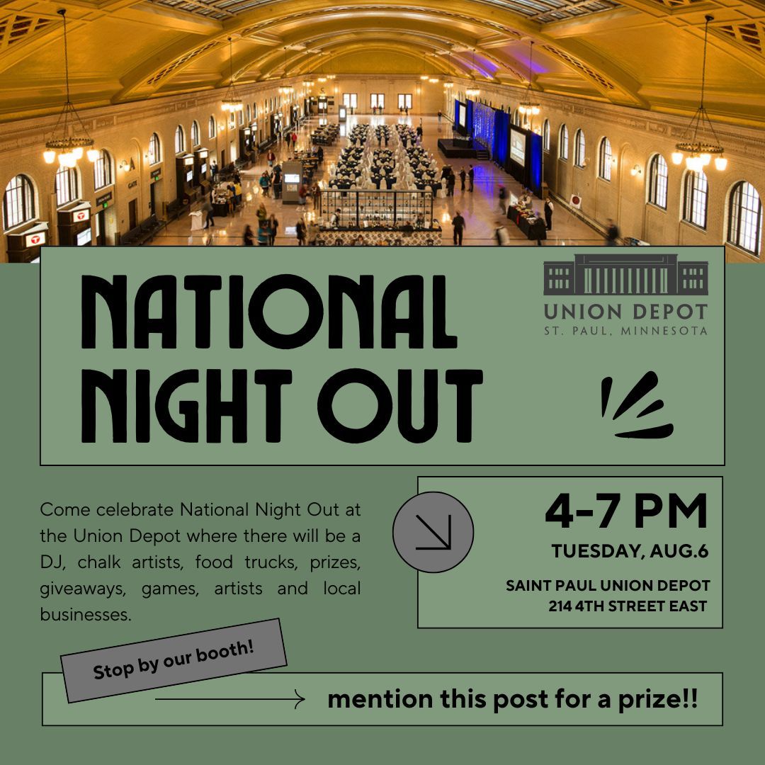 allaboardmn's tweet photo. It's #NationalNightOut. Come find us at the St. Paul Union Depot to not only say hello, but win a free #AAMN prize! https://t.co/ovldk0T9jf