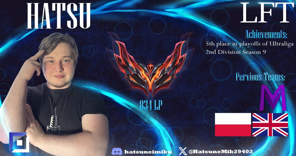Hatsune Miku (@hatsunemik29402) on Twitter photo After split with <a href="/Meavedron/">UP2U Meavedron</a> in 2nd Ultraliga, I'm LFT again willing to futher improve and face bigger challenges.
Reffernces:
<a href="/Wielokostek/">Kostek</a>
<a href="/GlacialReaperLL/">Tomasz "Glacial" Skowroński</a>
<a href="/apsil8/">apsil</a>
<a href="/Valuciak/">Inż Dawid</a>
♥️ and 🔁appreciated After split with <a href="/Meavedron/">UP2U Meavedron</a> in 2nd Ultraliga, I'm LFT again willing to futher improve and face bigger challenges.
Reffernces:
<a href="/Wielokostek/">Kostek</a>
<a href="/GlacialReaperLL/">Tomasz "Glacial" Skowroński</a>
<a href="/apsil8/">apsil</a>
<a href="/Valuciak/">Inż Dawid</a>
♥️ and 🔁appreciated