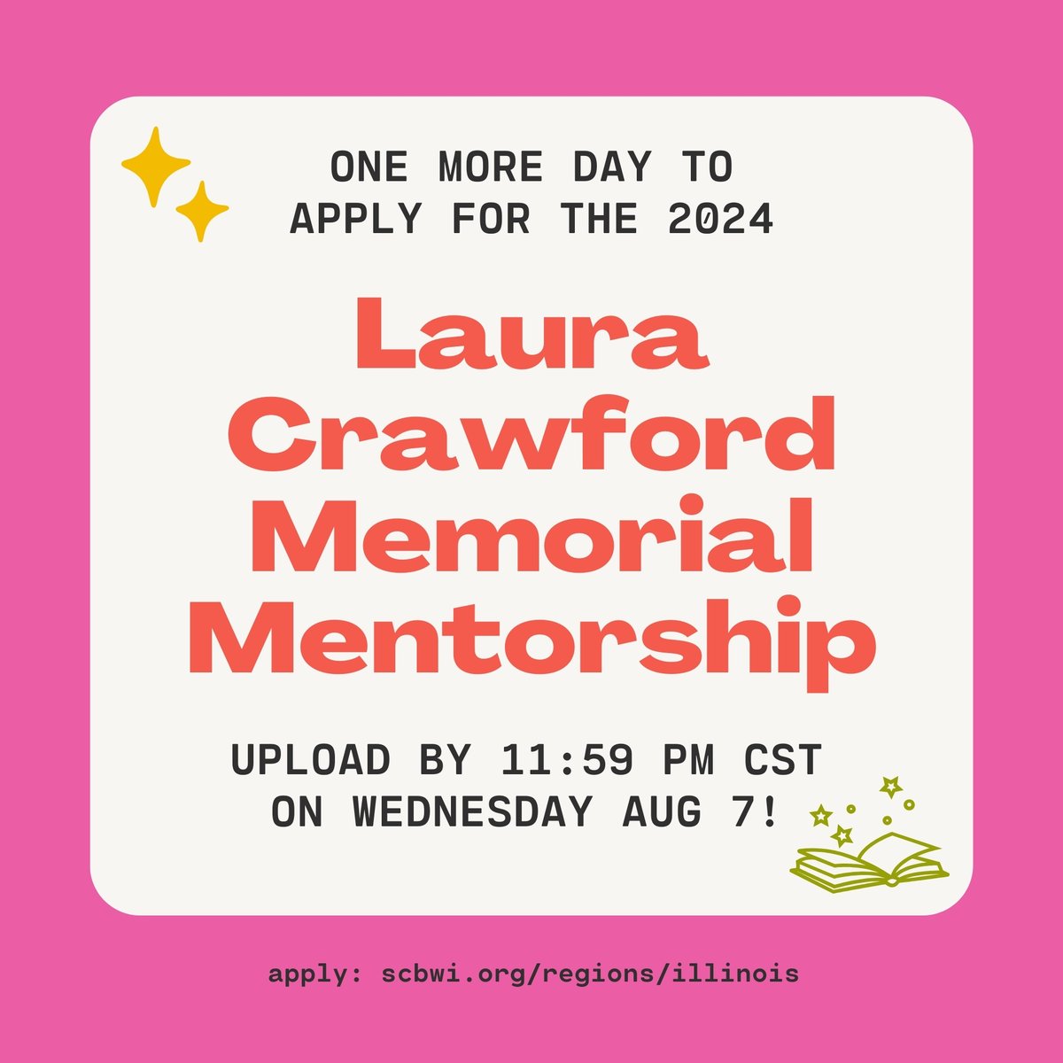Applications are due TOMORROW 8/7/24 for the Laura Crawford Memorial Mentorship with @FictionCity Head over to scbwi.org/regions/illino… for more info and to apply! #SCBWI #scbwiillinois