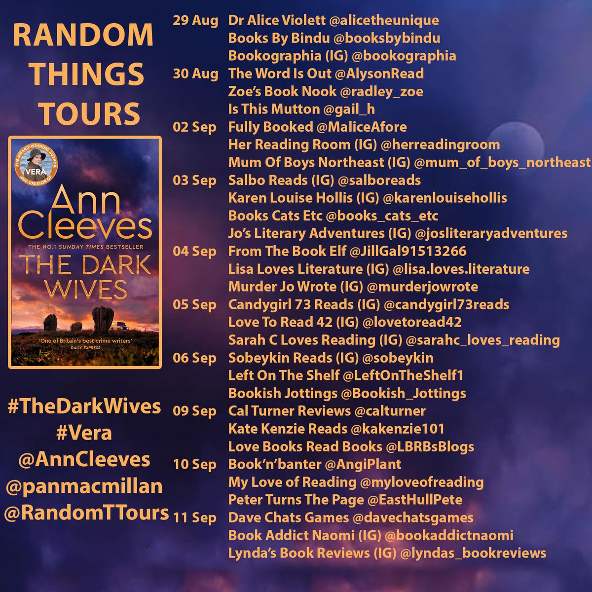 Look at this amazing #RandomThingsTours Blog Tour for #TheDarkWives by <a href="/AnnCleeves/">Ann Cleeves</a> from <a href="/panmacmillan/">Pan Macmillan</a> 

Begins 29 August 

@JoGarrick3 
<a href="/leftontheshelf1/">Annie</a> 
<a href="/BookishJottings/">Julie</a> 
<a href="/calturner/">Cal Turner 📚💙</a> 
@kakenzie101 
<a href="/LBRBsBlogs/">J - LoveBooksReadBooks</a> 
<a href="/AngiPlant/">AngiPlant 🌙🌙✨💫</a> 
<a href="/myloveofreading/">Hales</a> 
<a href="/EastHullPete/">Peter Fleming</a>