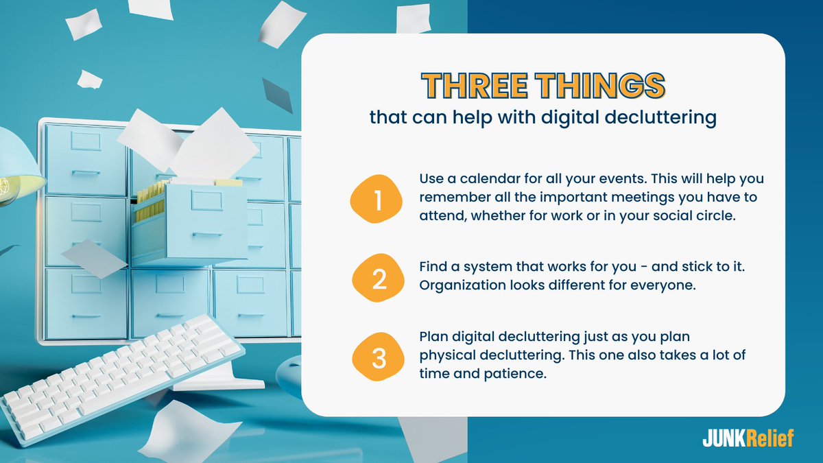 JunkRelief's tweet image. The process is pretty similar to the physical one: plan, organize, and upkeep. We can&apos;t get rid of your digital files, but if you use this system for decluttering your home, you know who to call when you&apos;re done! 😉 

#digitalclutter #declutter #chicago