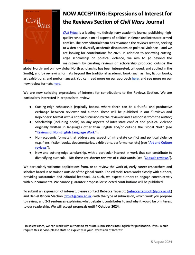Journal of Civil Wars (@journalofcw) on Twitter photo Our fantastic Reviews Team (Dr Rebecca Tapscott and <a href="/drinconmach/">Daniel Rincón Machón</a>) are now accepting Expressions of Interest for our revamped reviews sections! Categories include:
- Review and Rejoinders
- Reviews of non-English language work
- Arts and Culture Reviews
- Capsule Reviews Our fantastic Reviews Team (Dr Rebecca Tapscott and <a href="/drinconmach/">Daniel Rincón Machón</a>) are now accepting Expressions of Interest for our revamped reviews sections! Categories include:
- Review and Rejoinders
- Reviews of non-English language work
- Arts and Culture Reviews
- Capsule Reviews
