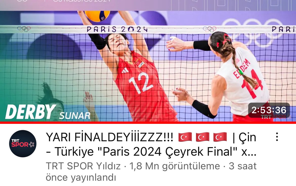 🇹🇷Türkiye - Çin🇨🇳 maçı şimdiden yaklaşık 2 milyon kişi tarafından izlenmiş🤩

#FileninSultanları #Paris2024