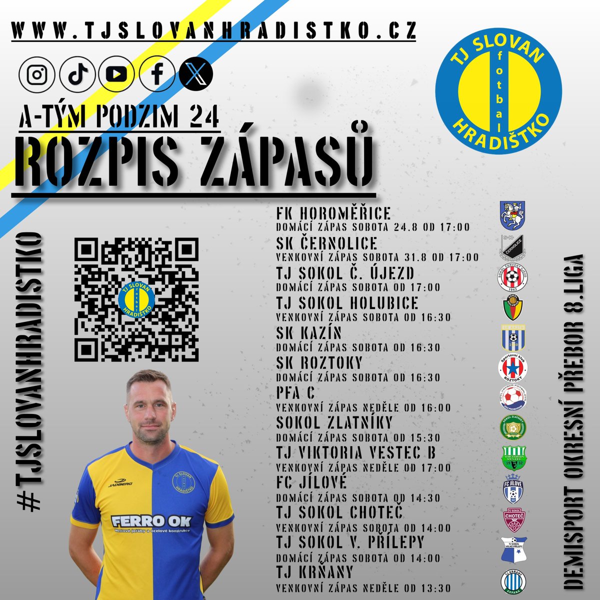 TjSlovan's tweet image. Rozpis podzimních utkání našeho A-týmu 💛💙💛💙 Veškeré podrobnější informace najdete na našich webových stránkách tjslovanhradistko.cz 🫡💙💛 #tjslovanhradistko #1946 #8liga #okresniprebor #podzim #24 #rozpis #jedeme #dal #tjsh