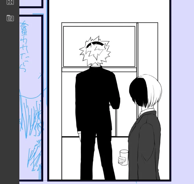小さなコマに小さな轟爆描き込んだら折寺勝と教師焦になってしまった😇本当は25歳刑事な2人ですが勝に黒スーツはアカンかった… 