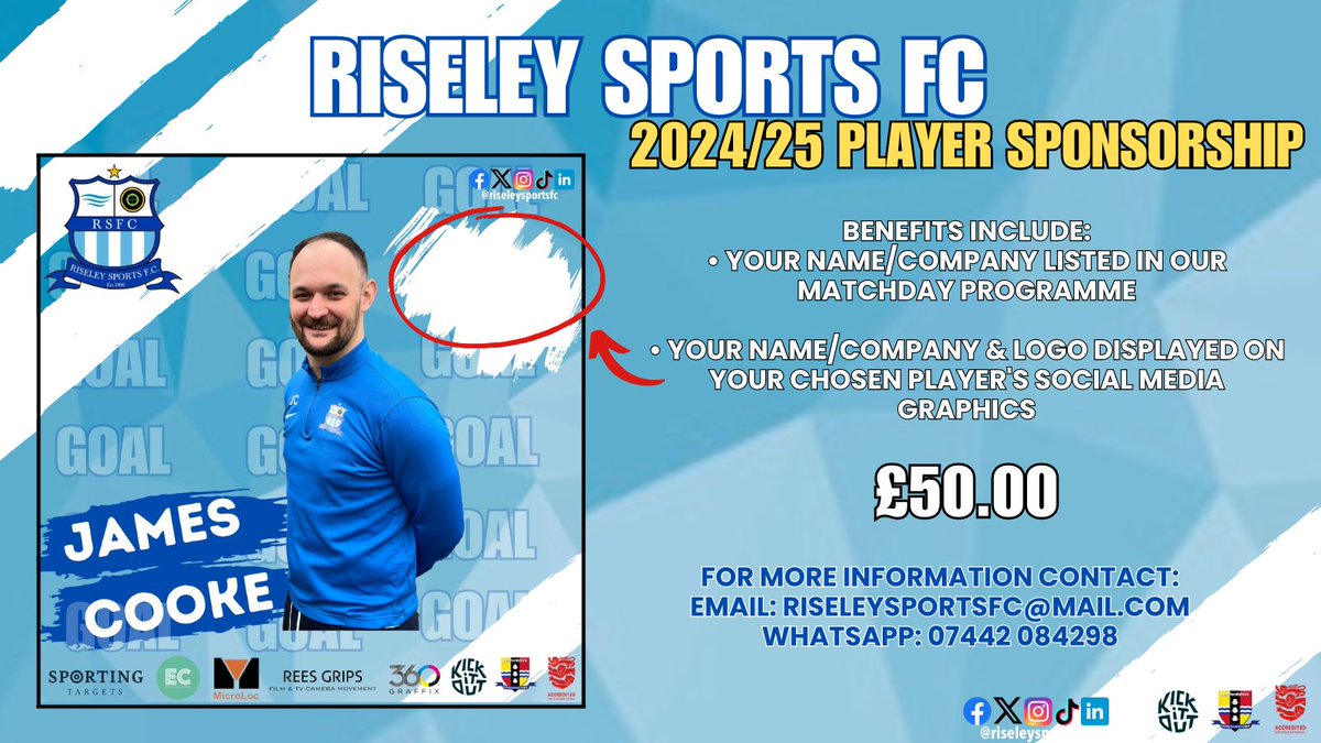 RiseleySportsFC's tweet photo. Support Riseley Sports FC for the 24/25 season! Sponsor a player for just £50 and enjoy exclusive benefits:

• Your name/company in our matchday programme

• Name/logo on your chosen player's social media graphics

Interested? Email riseleysportsfc@mail.com or WhatsApp 07442 084298 #RSFC  #SponsorAPlayer