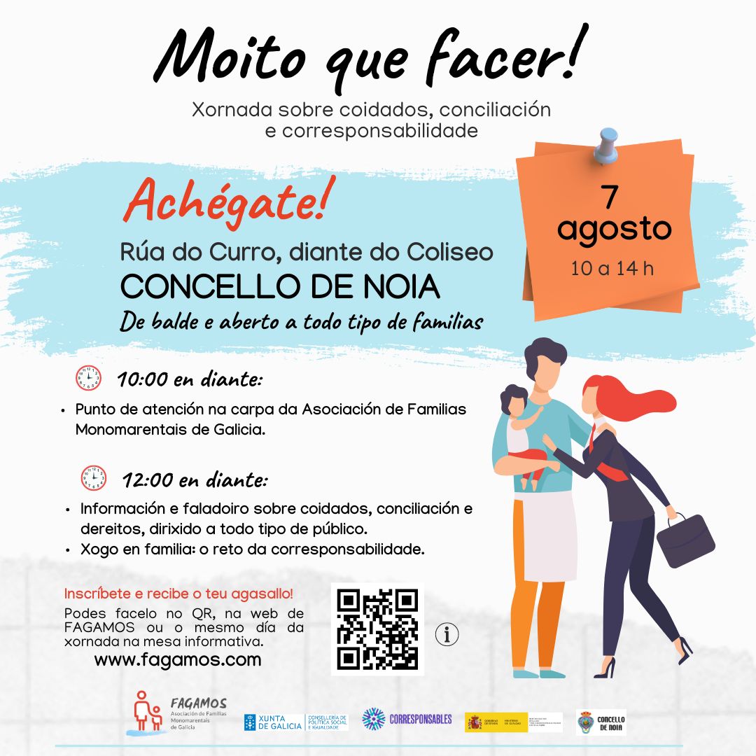 Mañá iniciamos en #Noia a campaña  de sensibilización #moitoquefacer, o primeiro dos 24 municipios galegos que percorreremos durante os meses de agosto e setembro.
👉 Info: fagamos.com/xornadas-moito…
 #corresponsabilidade #conciliación  #coidados
 #monoparentalidade.

Ver más