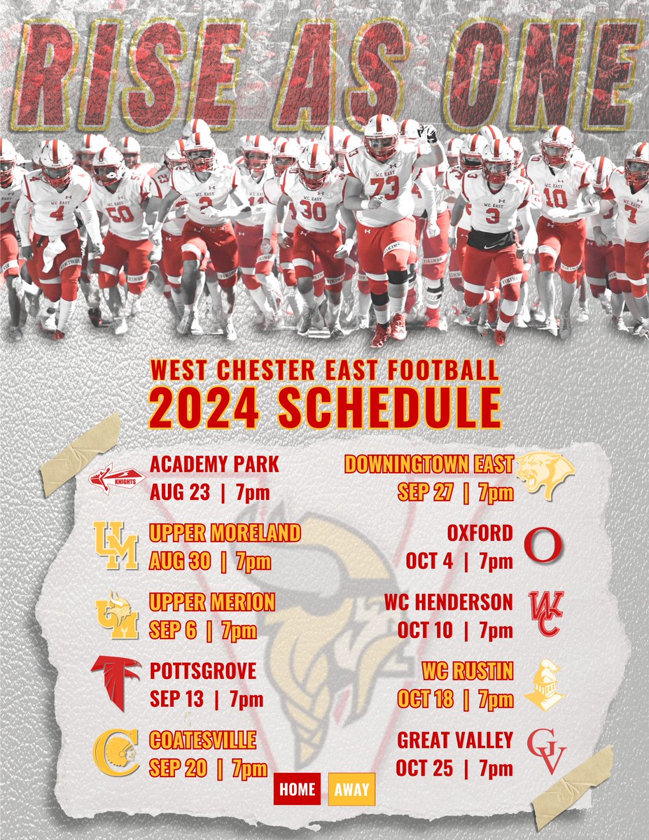 WCEastFootball's tweet photo. ⚓️2024 Game Schedule⚓️

#vikingpride #riseasONE

@FugettFootball @WestChesterASD @EPAFootball @PaFootballNews @CaryMoyer @PRZPAvic @tdhald @DubCsports @ChescoGridiron @DLNSports @EdOBrienCFB @mrpafootball @footballcoach79 https://t.co/k4zfEpFLzy