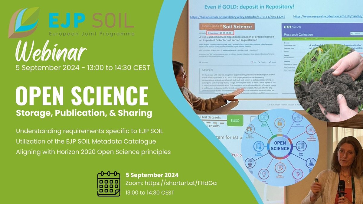 EJP SOIL (@ejpsoil) on Twitter photo WEBINAR on Open Science:
Storage, publication & sharing
WHEN: 5 Sept. 13-14:30
Specific to #EJPSOILoutputs, align with <a href="/H2020Projects/">Horizon2020Projects</a> #OpenScience. Use #EJPSOILMetadataCatalogue.
Enhance #soilscience visibility
Link: aarhusuniversity.zoom.us/j/62485230020
<a href="/EUgreenresearch/">EU green research</a>, <a href="/EU_ScienceHub/">EU_ScienceHub</a> WEBINAR on Open Science:
Storage, publication & sharing
WHEN: 5 Sept. 13-14:30
Specific to #EJPSOILoutputs, align with <a href="/H2020Projects/">Horizon2020Projects</a> #OpenScience. Use #EJPSOILMetadataCatalogue.
Enhance #soilscience visibility
Link: aarhusuniversity.zoom.us/j/62485230020
<a href="/EUgreenresearch/">EU green research</a>, <a href="/EU_ScienceHub/">EU_ScienceHub</a>