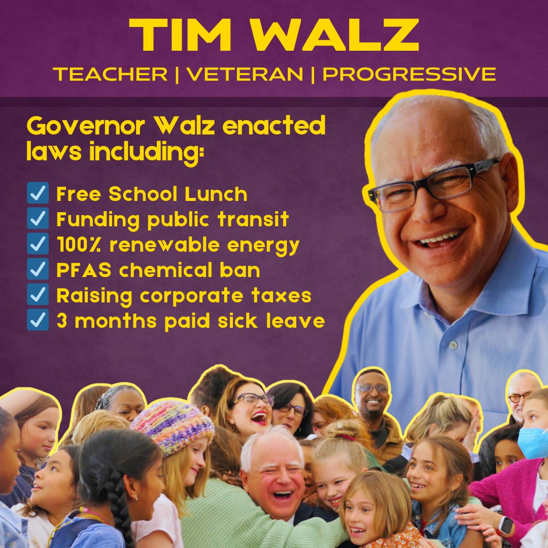 Tim Walz is an excellent choice for Vice President.

He's a climate champion. He's a fighter for working people and young people. He's the kind of VP that shows young people that VP Harris is for real.