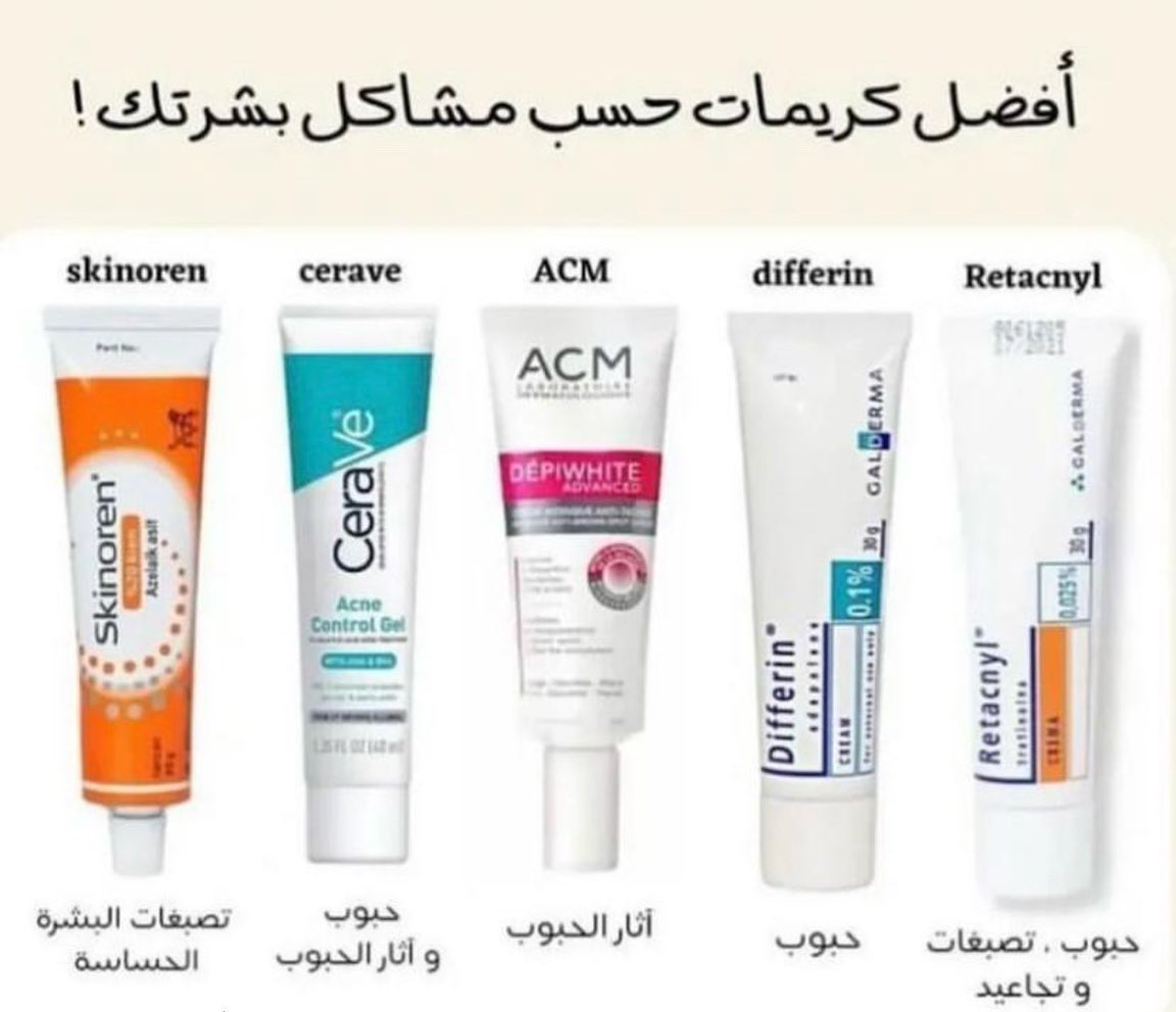 للفائدة:

كريمات حسب مشكلة بشرتك 😍❤️