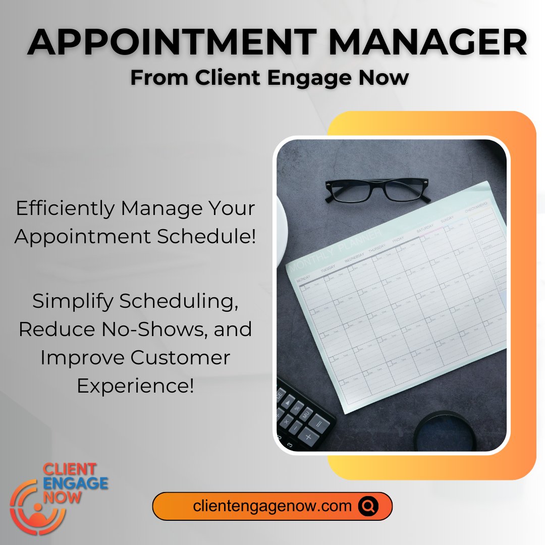 ClientEngageNow's tweet image. Say goodbye to scheduling headaches! ๐
๐ With Appointment Manager from ClientEngageNow, effortlessly organize your appointments and save time ๐. #SchedulingMadeEasy #ClientEngageNow