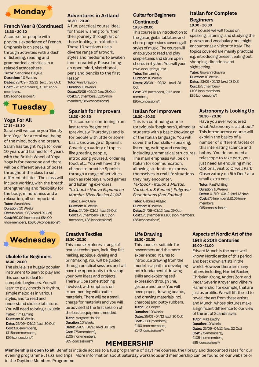 Did you know that The Ipswich Institute offers an entire programme of courses that are open to everyone, not just our members?
EVENING COURSES ARE OPEN TO BOOKING NOW!!!

Autumn is the perfect time to learn a new skill or pick up a new hobby, you can find out more on our website.