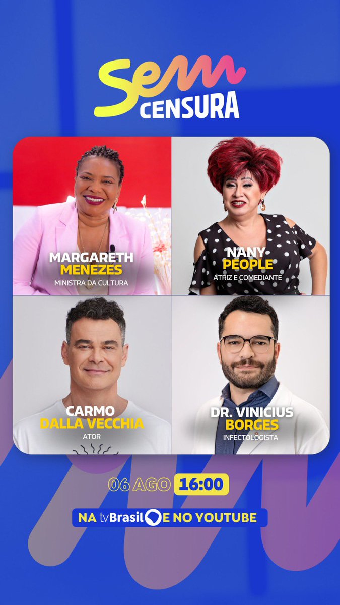 Participo hoje do programa Sem Censura, na <a href="/TVBrasil/">TV Brasil</a> , às 16h! Vou bater um papo sobre a nossa cultura com a atriz e apresentadora <a href="/cissa_guimaraes/">Cissa Guimarães</a> . 
A atriz <a href="/nanypeople/">Nany People</a> , o ator Carmo Dalla Vecchia e o infectologista dr. Vinicius Borges também participam da conversa! 
Quem vem?