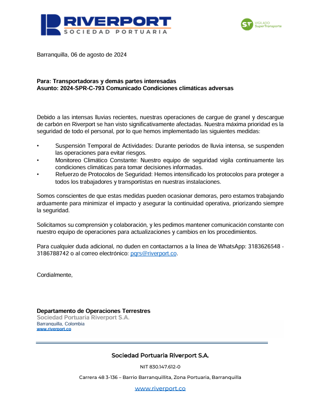 RiverportSP's tweet photo. Buen día, Transportadoras y demás partes interesadas.

Debido a las intensas lluvias recientes, nuestras operaciones de cargue de granel y descargue  de carbón en Riverport están suspendidas. https://t.co/nigxWLLfan