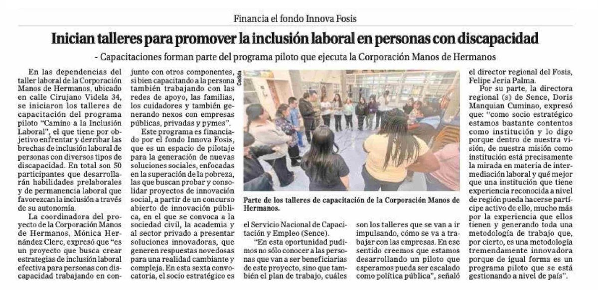 Las capacitaciones forman parte del programa piloto que ejecuta la Corporación Manos de Hermanos y financia el fondo Innova FOSIS.