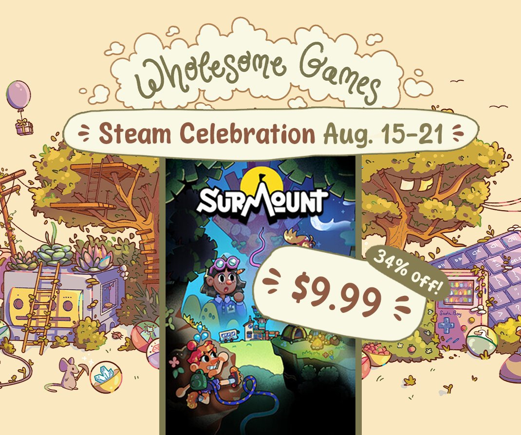 🏔 Surmount - OUT NOW‼️ (@surmountgame) on Twitter photo 🥳Surmount is excited to participate in the <a href="/_wholesomegames/">Wholesome Games</a> Steam Celebration event and is on sale for $9.99! s.team/a/1675000
The game is also discounted on Switch! 🥳Surmount is excited to participate in the <a href="/_wholesomegames/">Wholesome Games</a> Steam Celebration event and is on sale for $9.99! s.team/a/1675000
The game is also discounted on Switch!