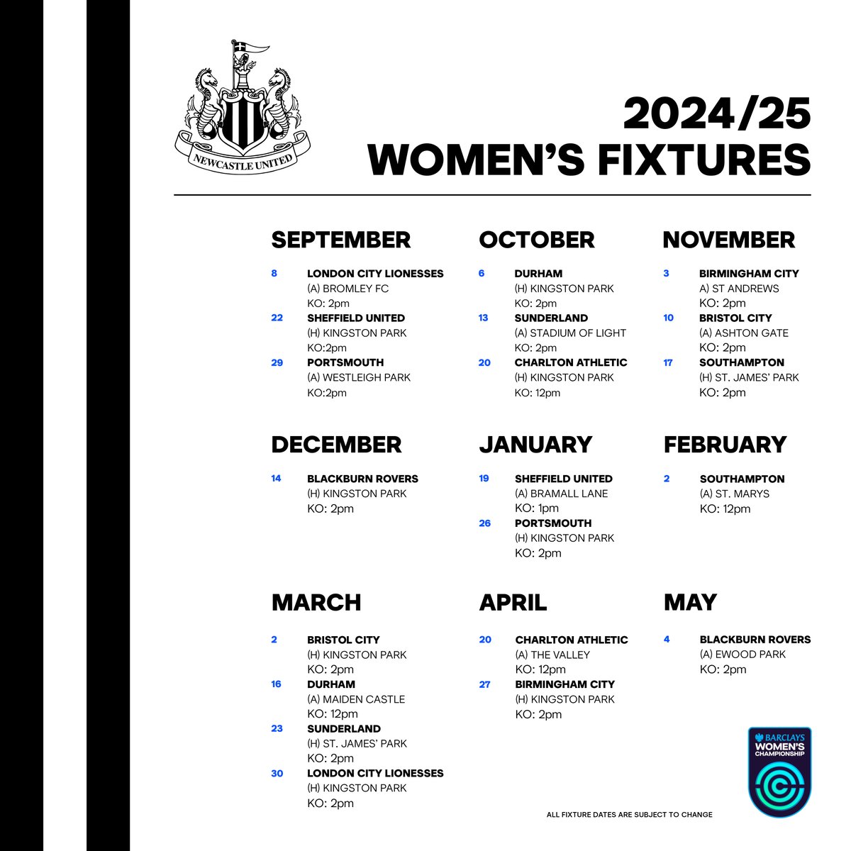 NUFCWomen's tweet photo. An exciting season ahead, and you can be part of it 🎟

We can confirm our fixture and season ticket details for the 2024/25 campaign!

Existing season ticket holders can renew from 10am on Friday 9th August. General sale will follow from 10am, Friday 16th August.

#NUFCWomen