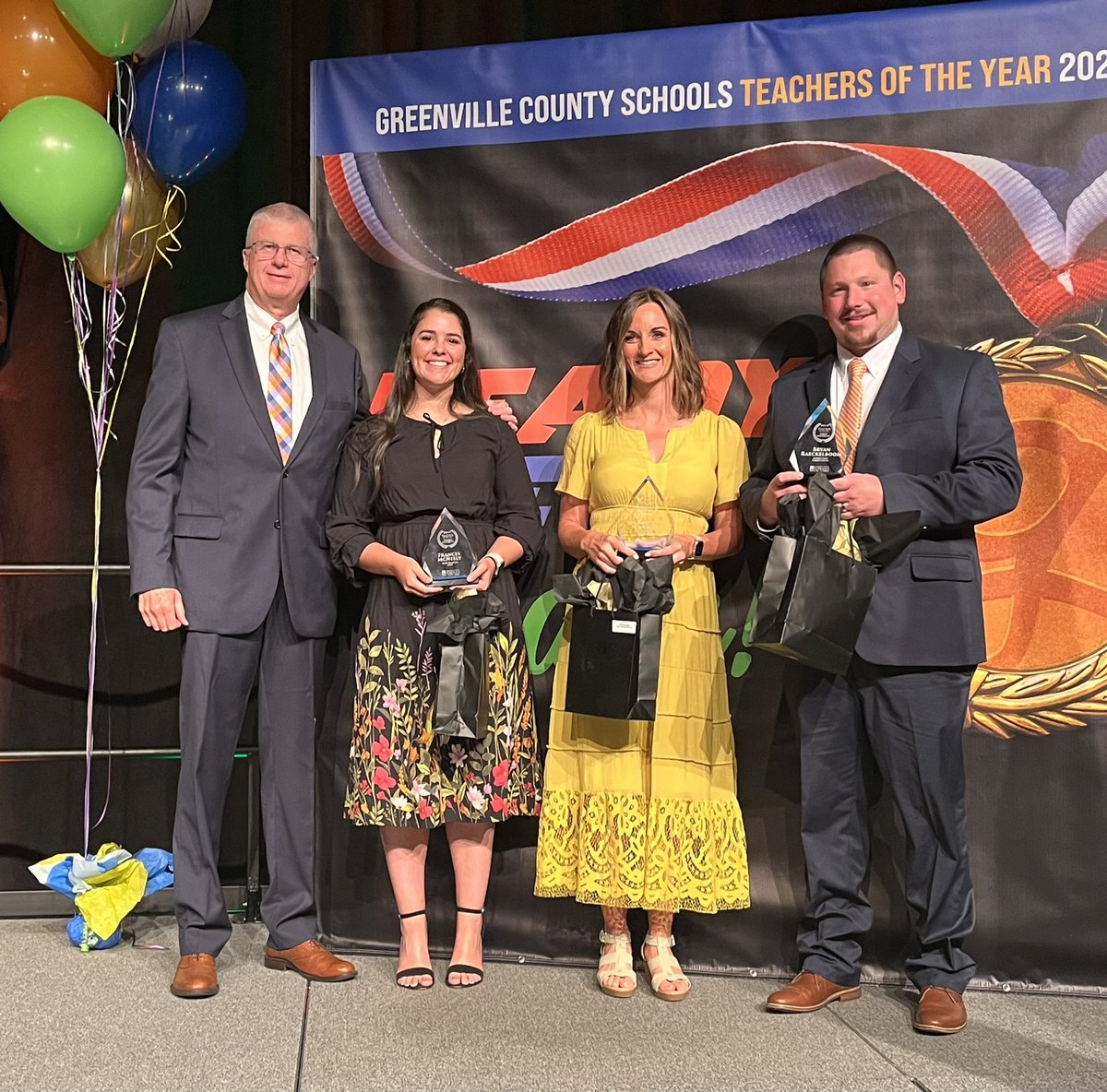 Congratulations! Pictured with <a href="/gcssupt/">Burke Royster</a> are 2024-25 Teacher of the Year 3rd Runner-up Frances McNeely, math teacher <a href="/WadeHampton_HS/">Wade Hampton High</a>; 2nd Runner-up Karla Cannon, Spanish teacher <a href="/RHSTribeChat/">Riverside Warriors</a> 1st  Runner-up Bryan Raeckelboom, building construction instructor <a href="/GoldenStripCC/">Golden Strip Career Center</a> .