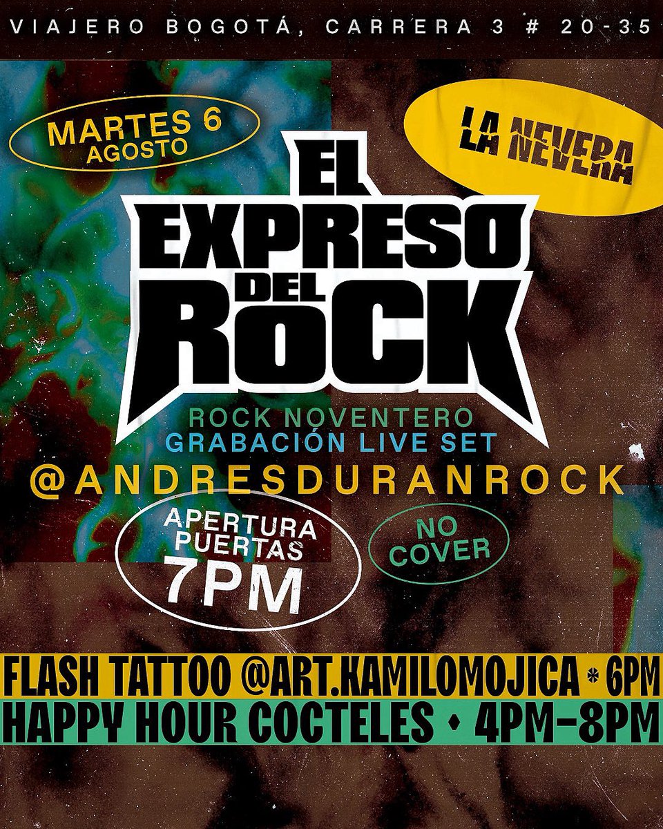 andresduranrock's tweet photo. Grabación Live Set con El Expreso del Rock en @LaNeveraComidaParchePola & lo mejor del Rock de los 90,S 📀
🗓 Martes, 6 de Agosto, 2024
🎟 No Cover
🏢 Carrera 3 #20-35, Bogotá,
🕗 21:00 hrs.
📲 Info 322 4404442
@viajerohostels @art.kamilomojica #rockdelos90 #rock90 #djset https://t.co/GaU9tdQplu