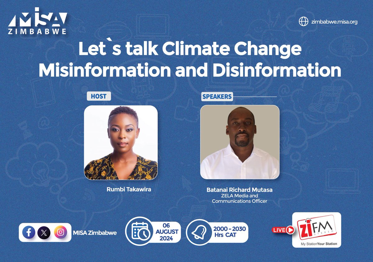 GreenLens_media's tweet photo. Tune into @ZiFMStereo for a discussion on Climate Change Misinformation and Disinformation.
c c @Newsbae @ZELA_Infor
⏲ Time: 2000 to 2030 Hrs
📅 Date: 06 August 2024
#ClimateMisinformation
#ClimateDisinformation https://t.co/rXUbnVwHKk